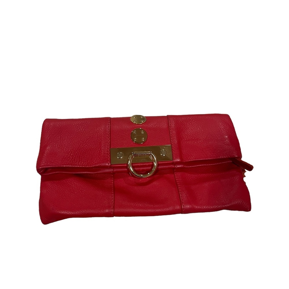 Onna Ehrlich Red Leather Foldover Clutch Evening Purse Bag Handbag